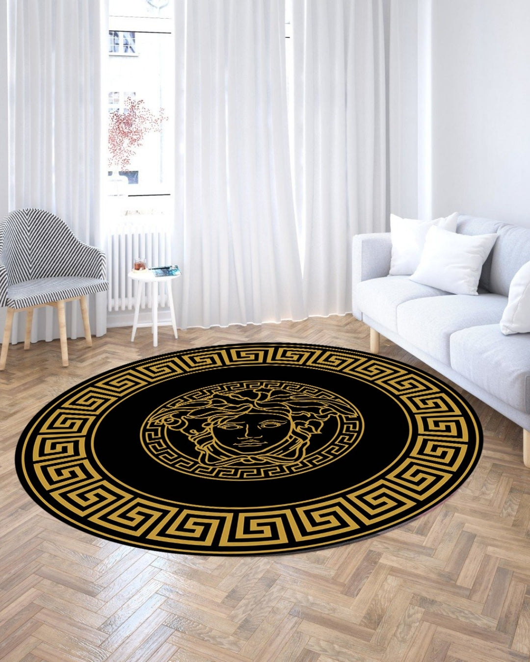 Medusa Motifli Siyah Zemin Gold Logolu Yuvarlak Versace Halı – Deri Taban, Yıkanabilir, Süngerli Yüzey2