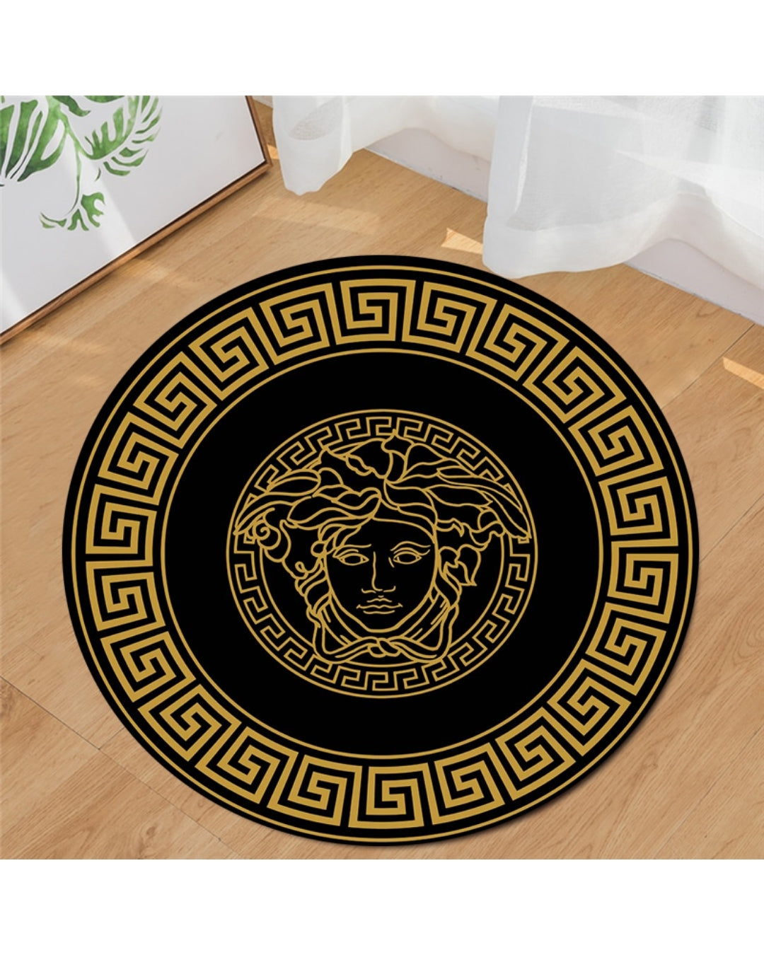 Medusa Motifli Siyah Zemin Gold Logolu Yuvarlak Versace Halı – Deri Taban, Yıkanabilir, Süngerli Yüzey