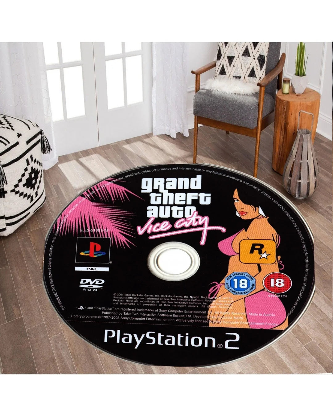 GTA Vice City CD Şeklinde Dijital Baskı Halı – Kaymaz Taban, Yıkanabilir, Gamer Tasarımı