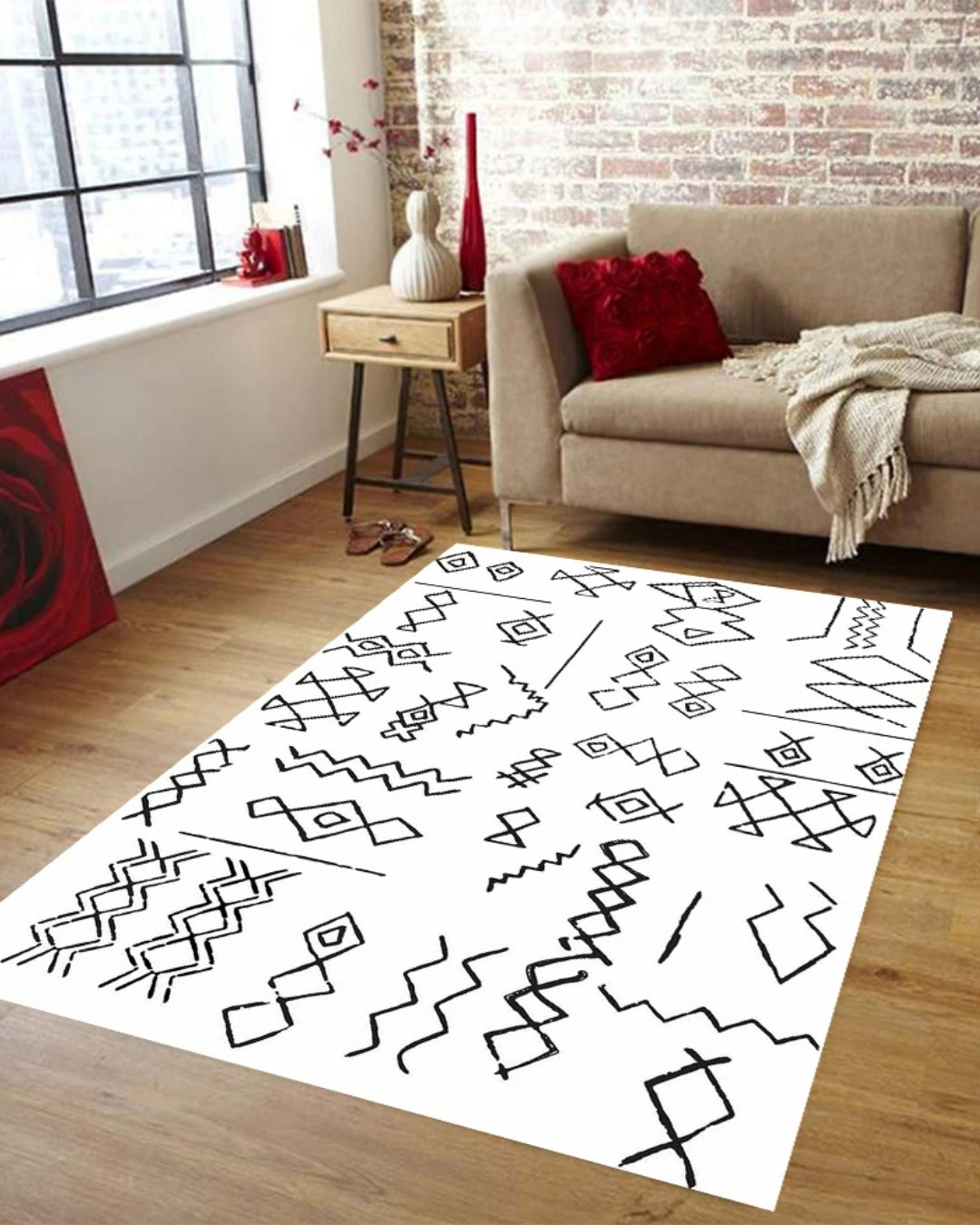 İskandinav Motifli Halı – Kaymaz Taban, Süngerli Yüzey, Makinede Yıkanabilir