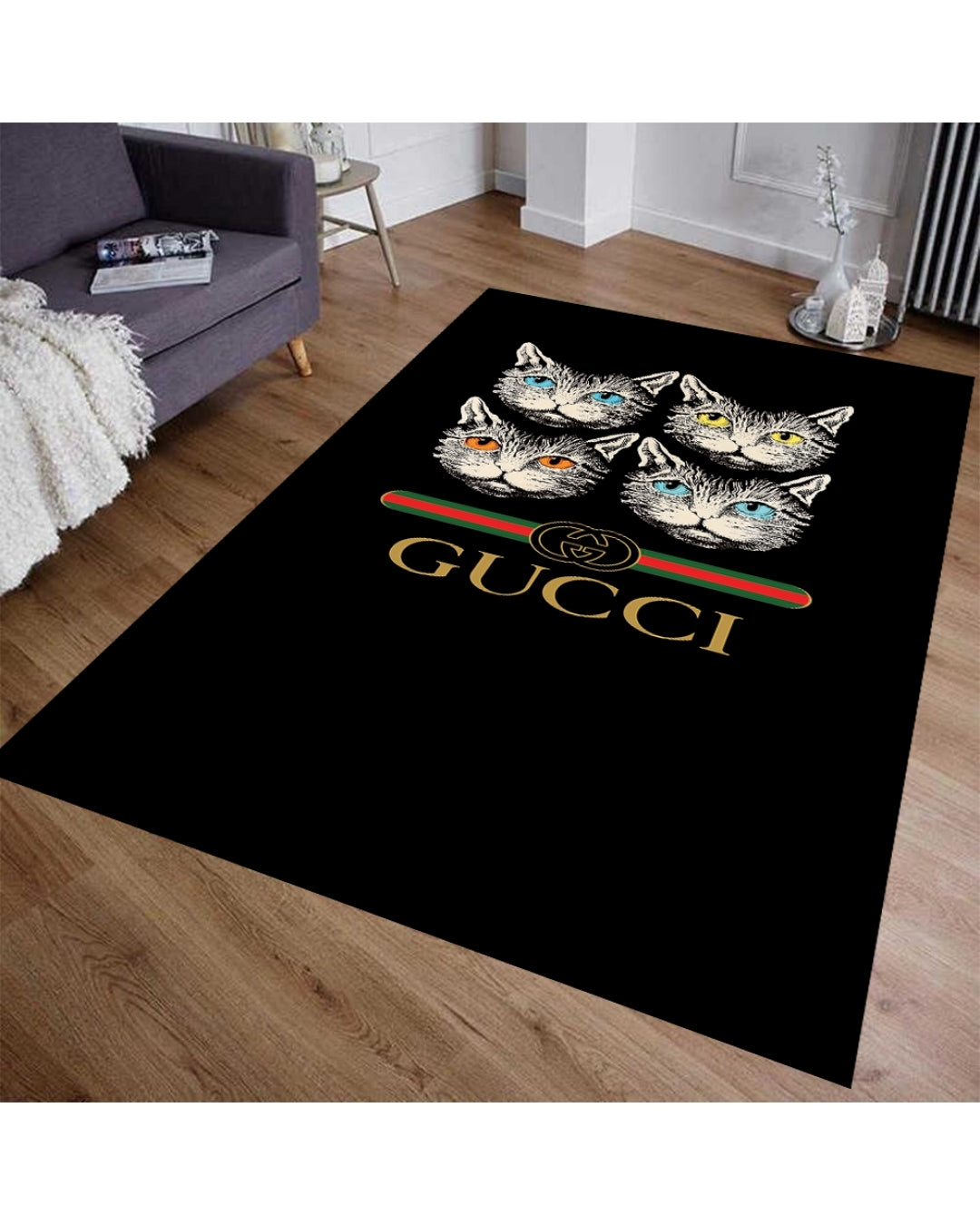 Siyah Zemin Kedili Motif Deri Taban Dijital Baskı Gucci Marka Halı