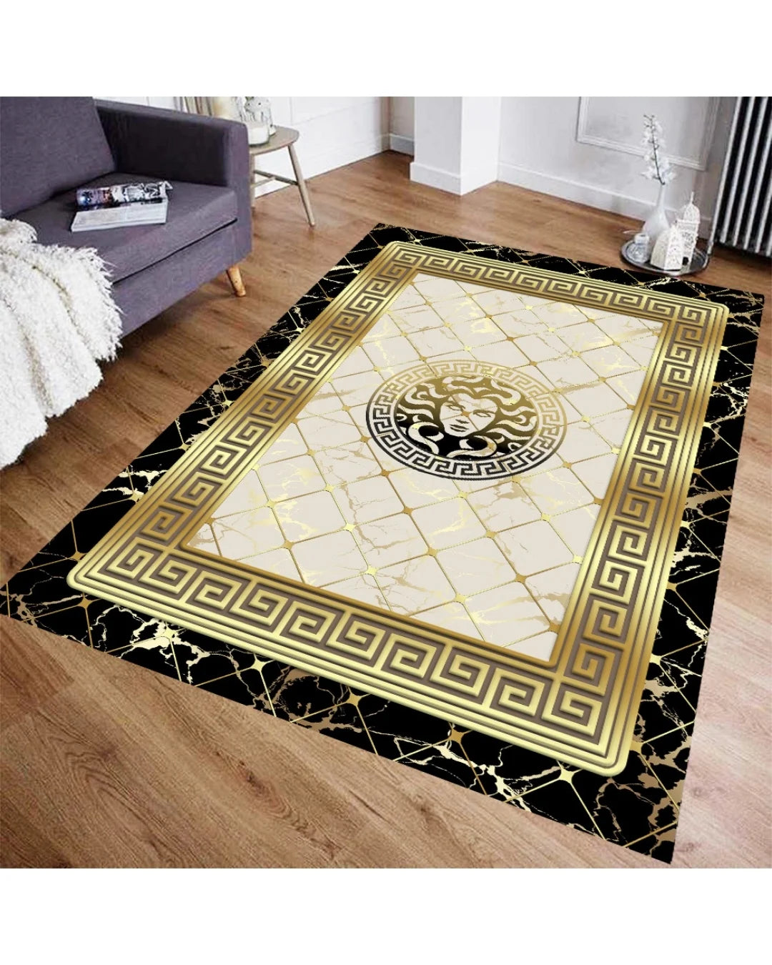 Köşe Bordür Gold Medusa Motifli Şeritli Versace Halı – Deri Taban, Süngerli Yüzey, Yıkanabilir
