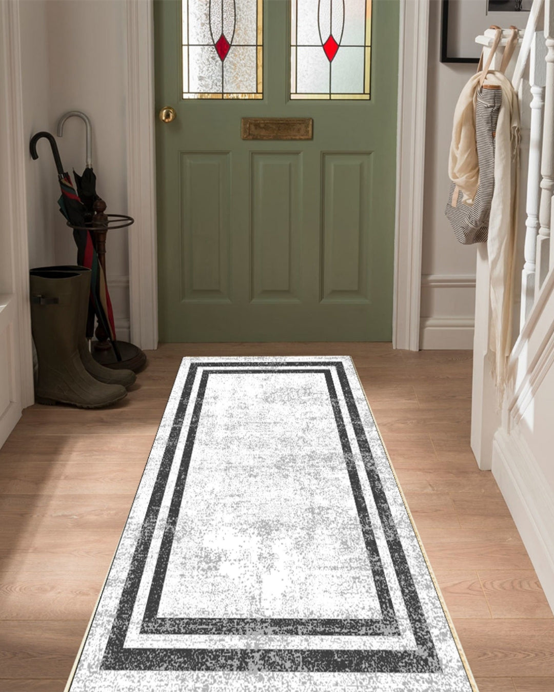 Krem Zemin Beyaz Şerit Özel Süngerli Yüzey Kaymaz Taban Yolluk / Halı 2