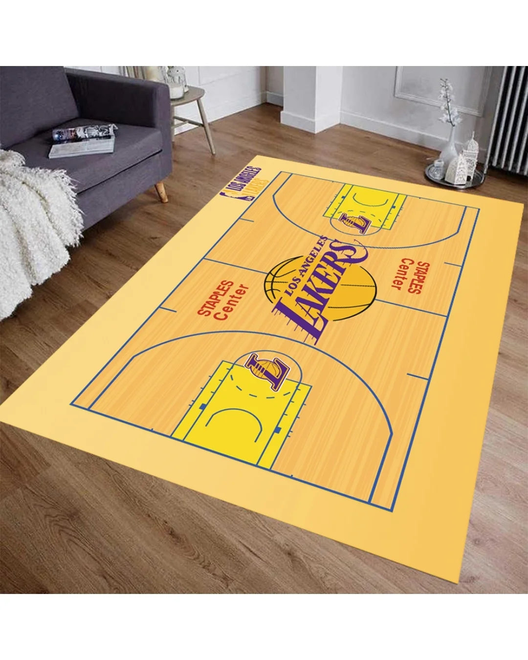 Los Angeles Lakers Sahası Şeklinde Dijital Baskı Halı – Kaymaz Taban, Yıkanabilir