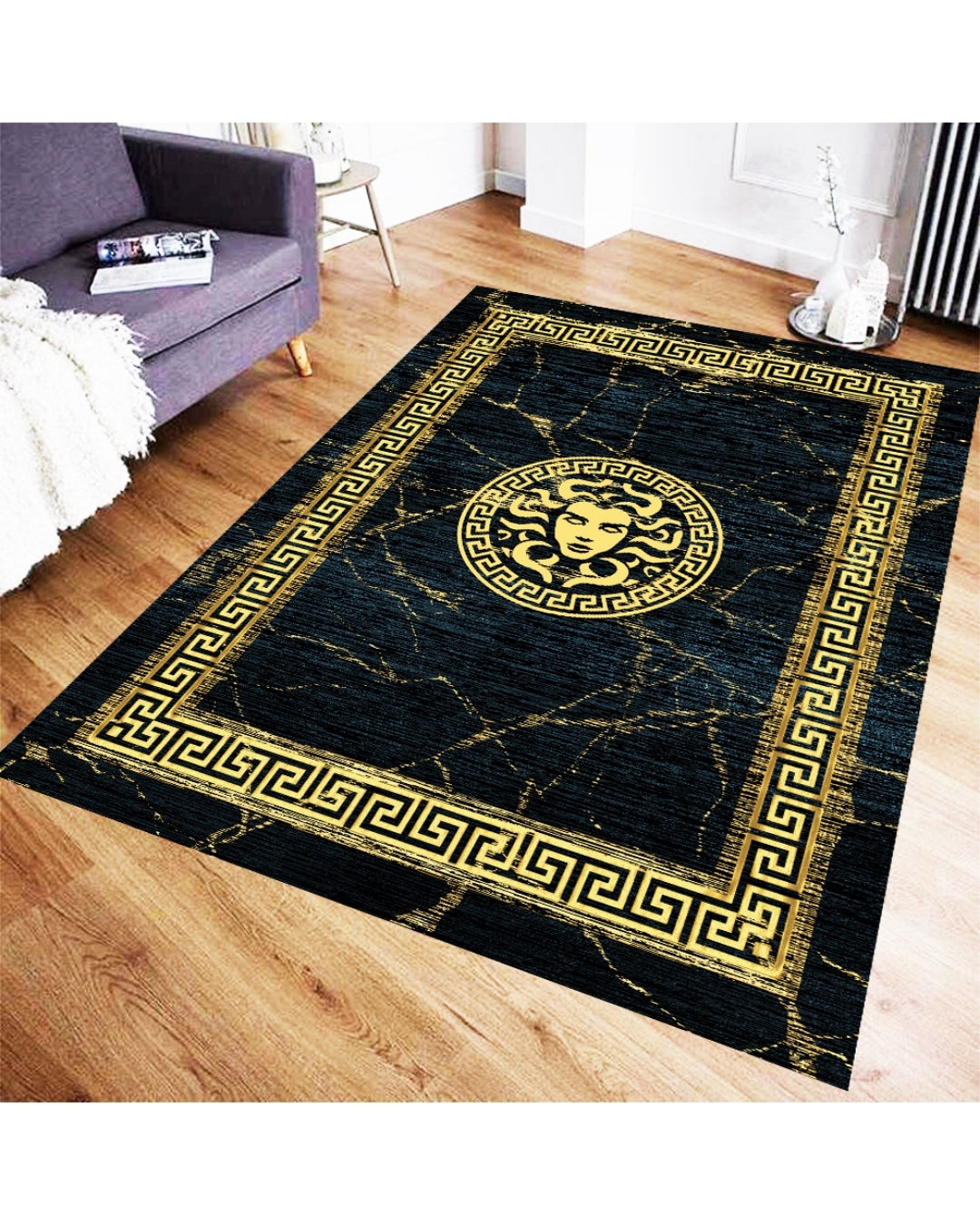 Medusa Motifli Gold Özel Tasarım Versace Halı – Deri Taban, Süngerli Yüzey, Yıkanabilir1