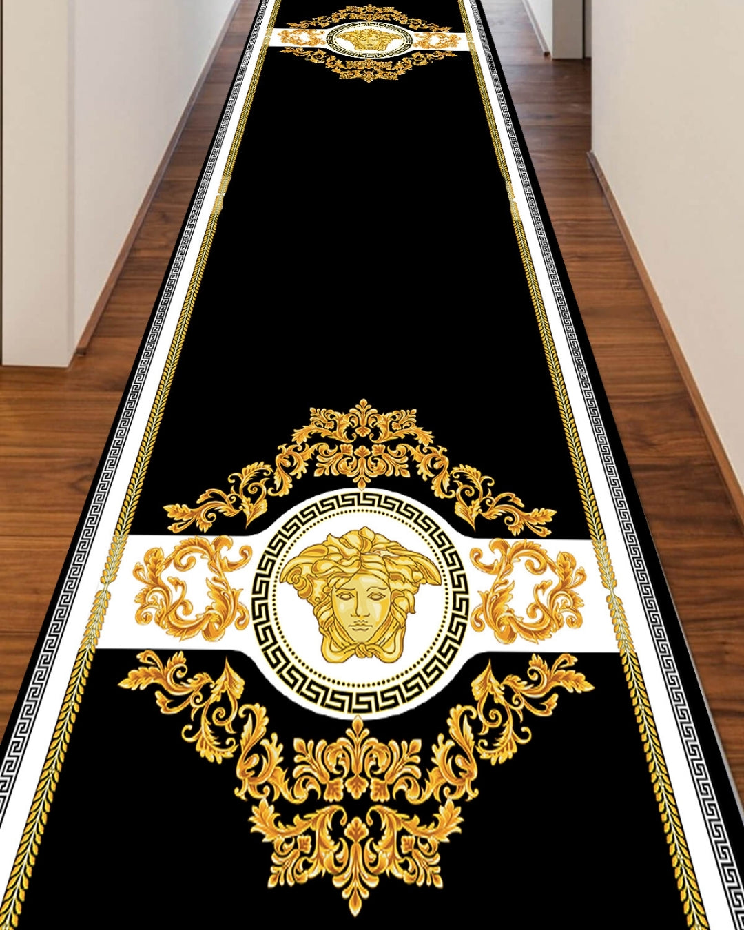 Medusa Motifli Gold Varaklı Aralıklı Logo Siyah Deri Taban Dijital Baskı Versace Halı 1
