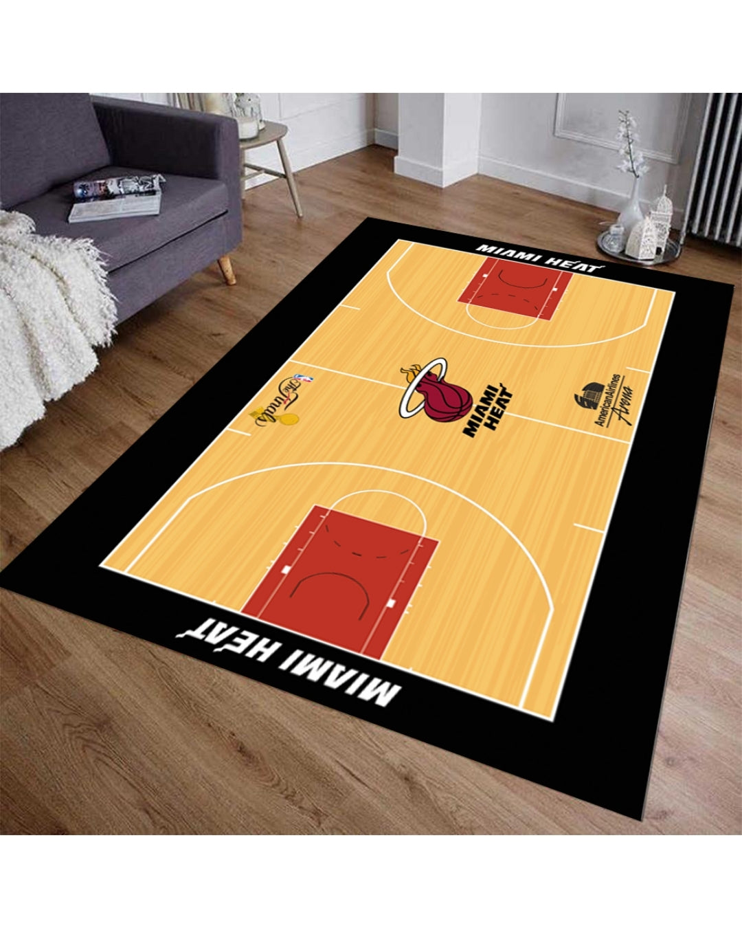 Miami Heat NBA Sahası Şeklinde Dijital Baskı Halı – Kaymaz Taban, Yıkanabilir