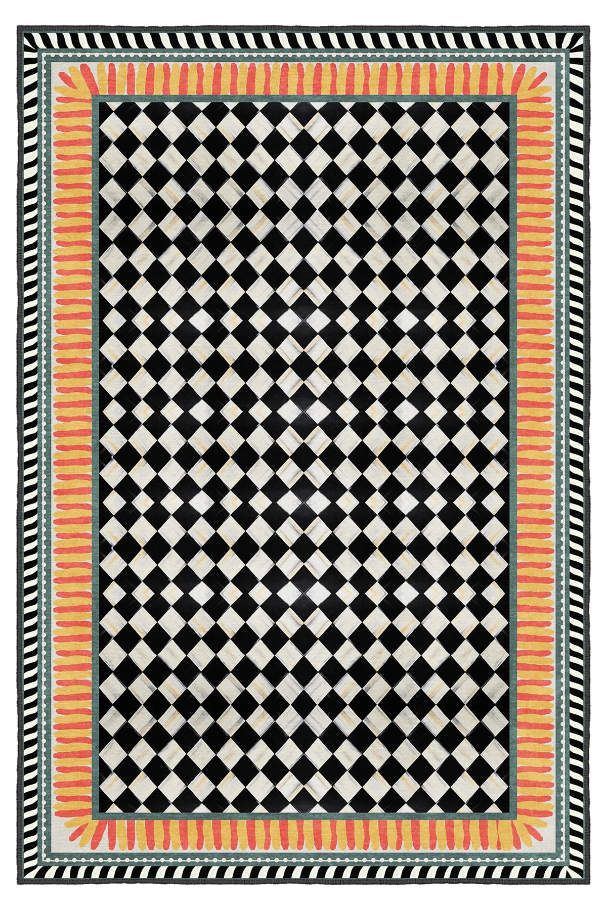 Modern Çerçeve Dama Motif Kaymaz Taban Salon Halısı – Yıkanabilir, Şık ve Konforlu Tasarım ( EMR10- MCK006)