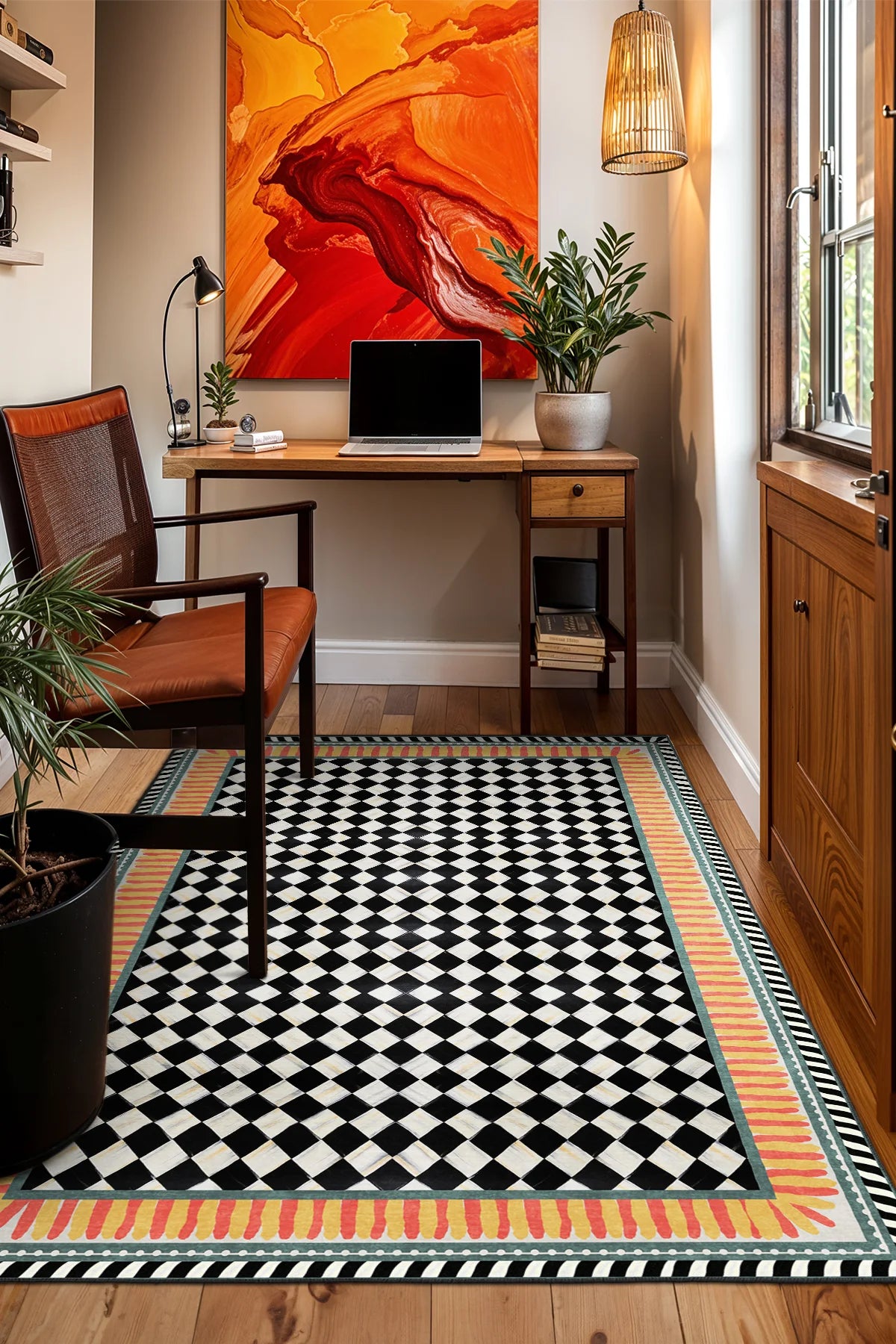 Modern Çerçeve Dama Motif Kaymaz Taban Salon Halısı – Yıkanabilir, Şık ve Konforlu Tasarım ( EMR10- MCK006)