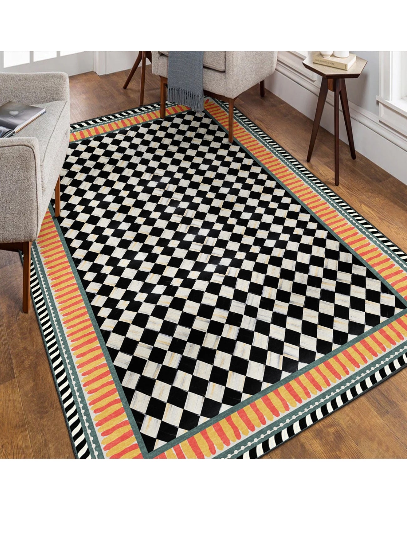 Modern Çerçeve Dama Motif Kaymaz Taban Salon Halısı – Yıkanabilir, Şık ve Konforlu Tasarım ( EMR10- MCK006)