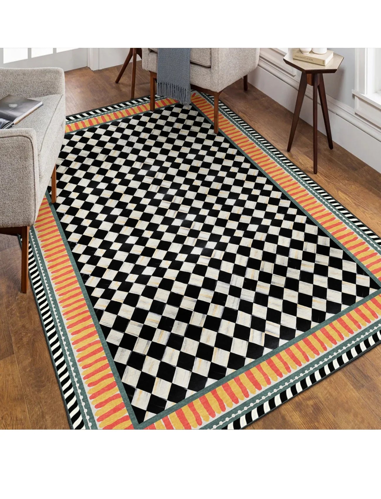 Modern Çerçeve Dama Motif Kaymaz Taban Salon Halısı – Yıkanabilir, Şık ve Konforlu Tasarım ( EMR10- MCK006)