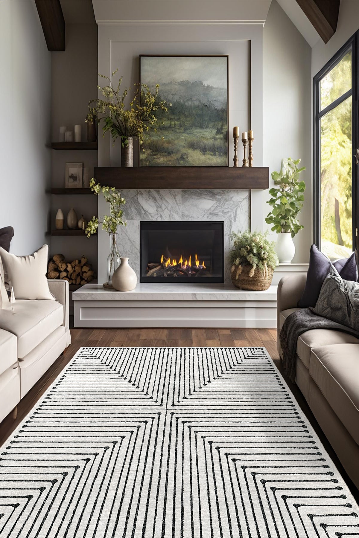  Modern Gri Çizgisel Motif Kaymaz Taban Salon Halısı – Yıkanabilir, Şık ve Konforlu Tasarım (EMR6-FR29)