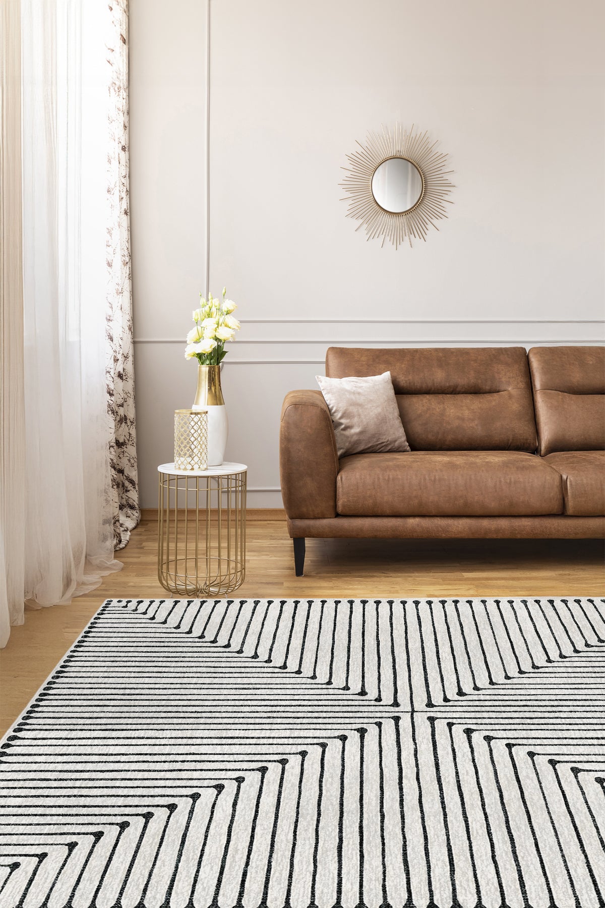  Modern Gri Çizgisel Motif Kaymaz Taban Salon Halısı – Yıkanabilir, Şık ve Konforlu Tasarım (EMR6-FR29)