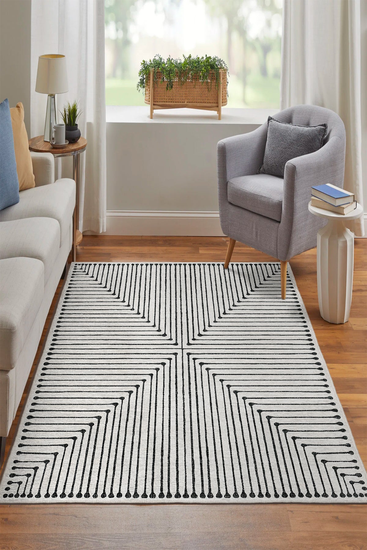  Modern Gri Çizgisel Motif Kaymaz Taban Salon Halısı – Yıkanabilir, Şık ve Konforlu Tasarım (EMR6-FR29)