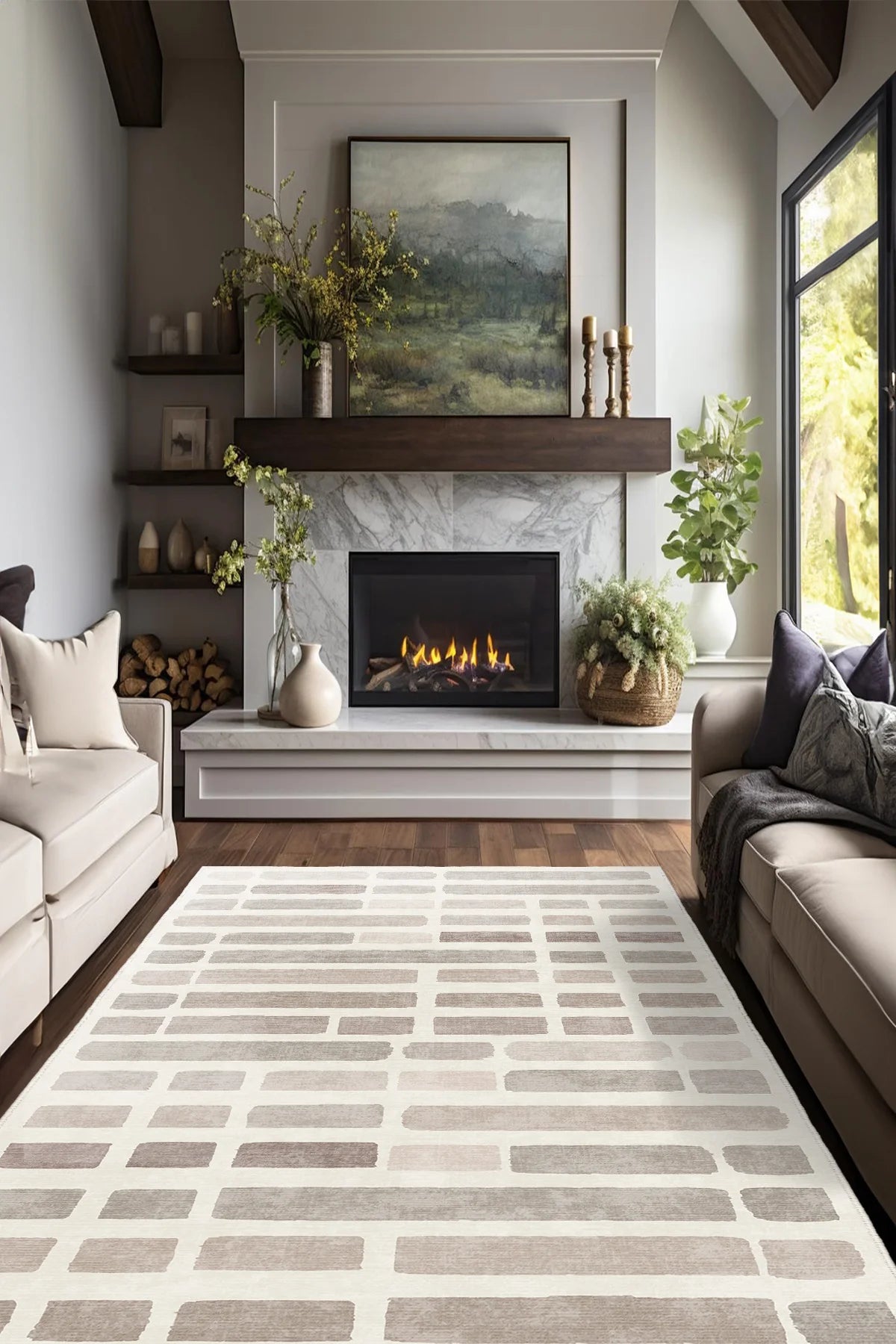 Modern Kareli Desen Kaymaz Taban Salon Halısı – Yıkanabilir, Şık ve Konforlu Tasarım ( EMR9-FR204 )