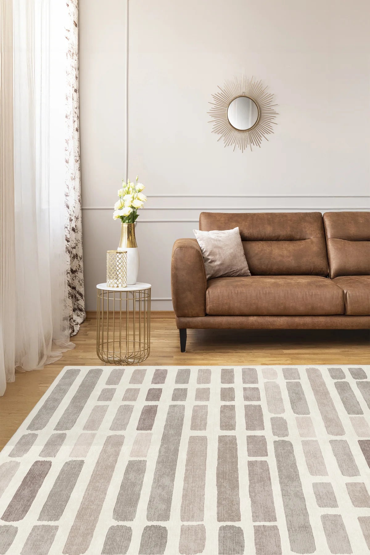 Modern Kareli Desen Kaymaz Taban Salon Halısı – Yıkanabilir, Şık ve Konforlu Tasarım ( EMR9-FR204 )