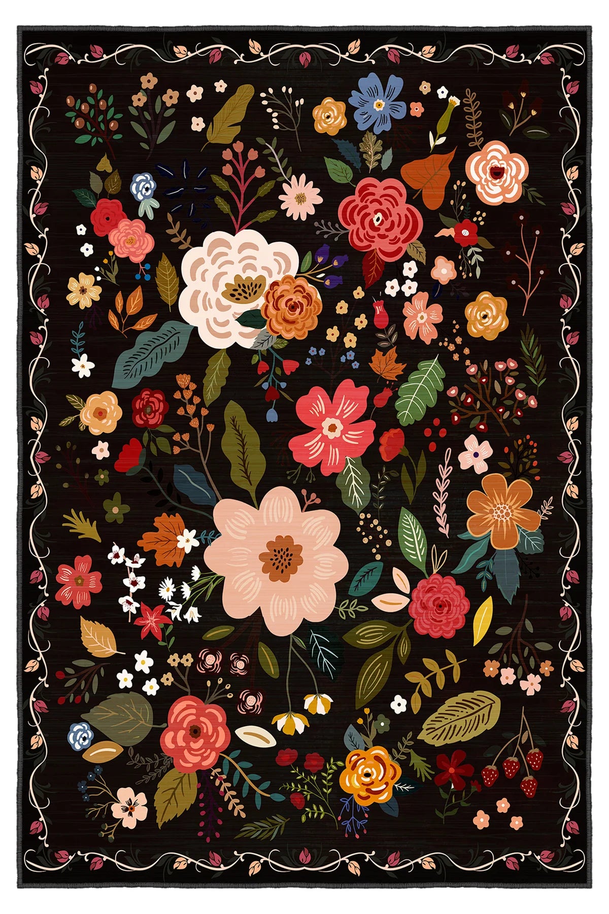 Modern Siyah Zemin Üzeri Çiçekli Halı – Kaymaz Taban, Süngerli Yüzey, Makinede Yıkanabilir (EMR8-FR145)