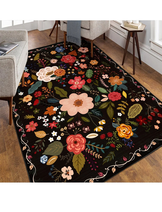 Modern Siyah Zemin Üzeri Çiçekli Halı – Kaymaz Taban, Süngerli Yüzey, Makinede Yıkanabilir (EMR8-FR145)