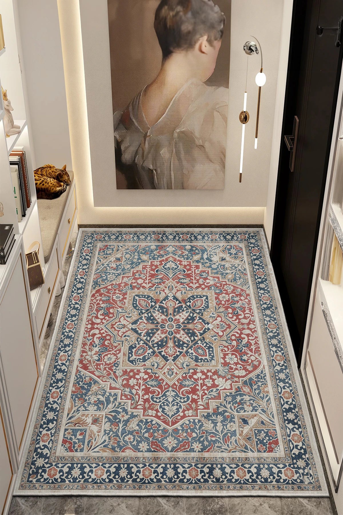 Otantik Kırmızı Motif Kaymaz Taban Salon Halısı – Yıkanabilir, Şık ve Konforlu Tasarım (EMR7-FR46)