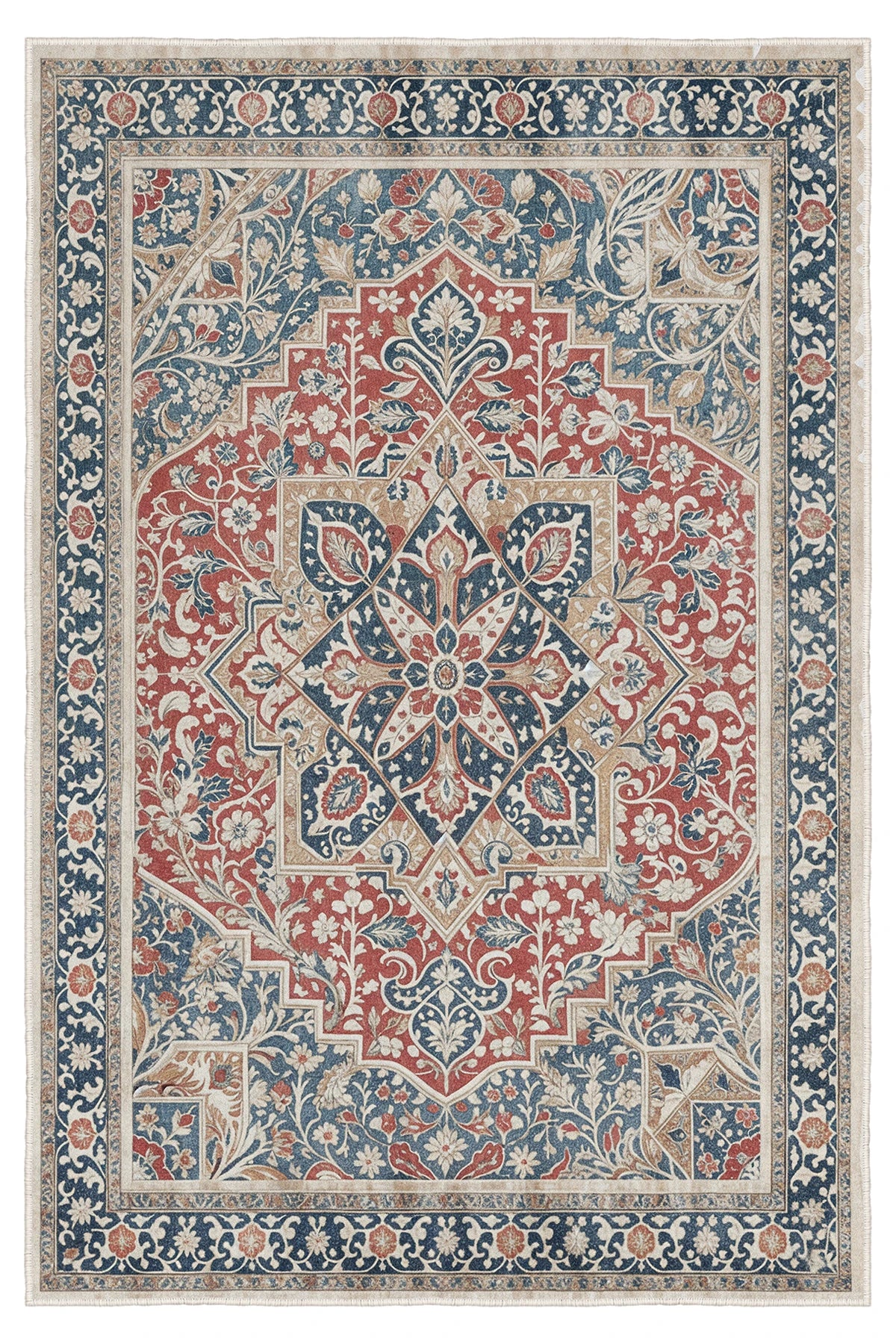 Otantik Kırmızı Motif Kaymaz Taban Salon Halısı – Yıkanabilir, Şık ve Konforlu Tasarım (EMR7-FR46)