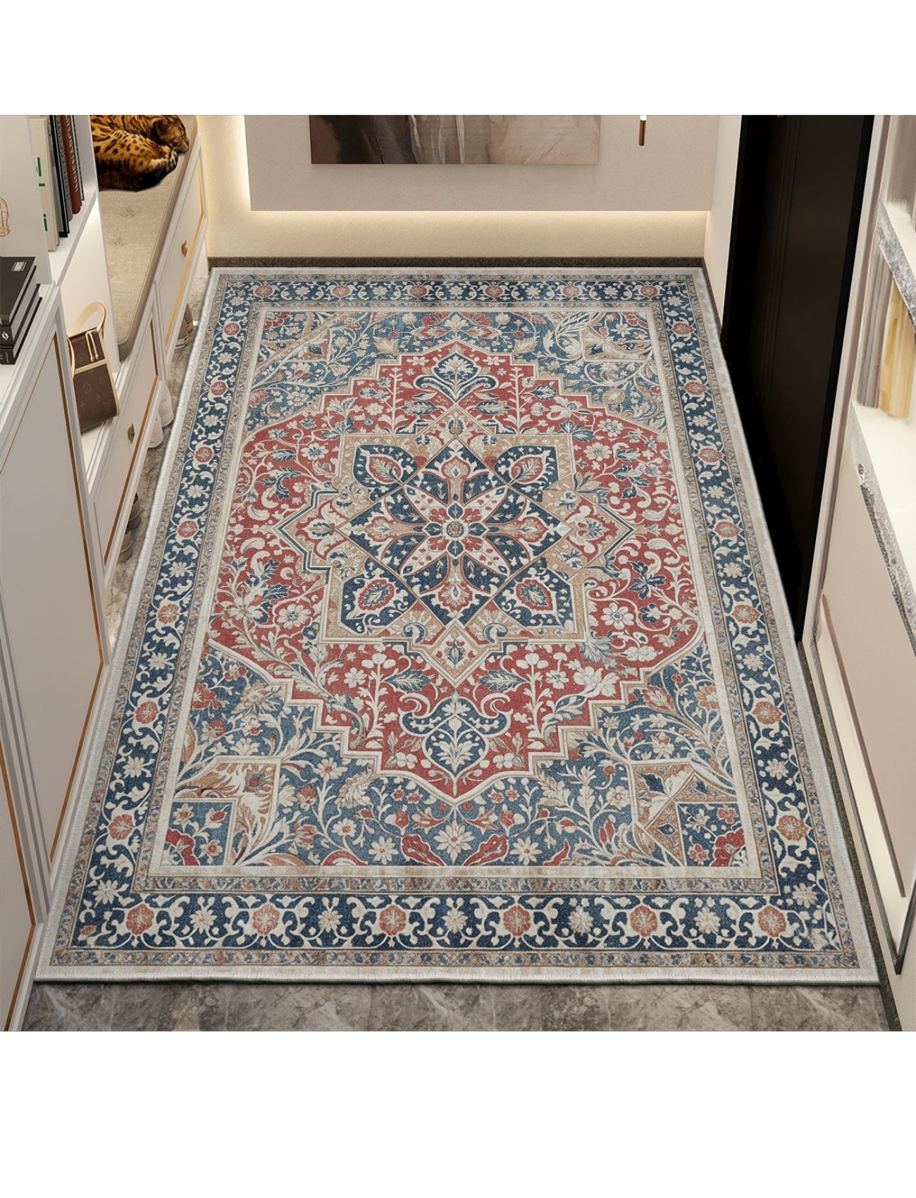 Otantik Kırmızı Motif Kaymaz Taban Salon Halısı – Yıkanabilir, Şık ve Konforlu Tasarım (EMR7-FR46)