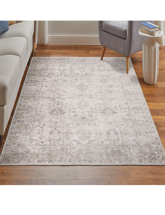 Modern Otantik Krem Desenli Halı – Kaymaz Taban, Süngerli Yüzey, Makinede Yıkanabilir