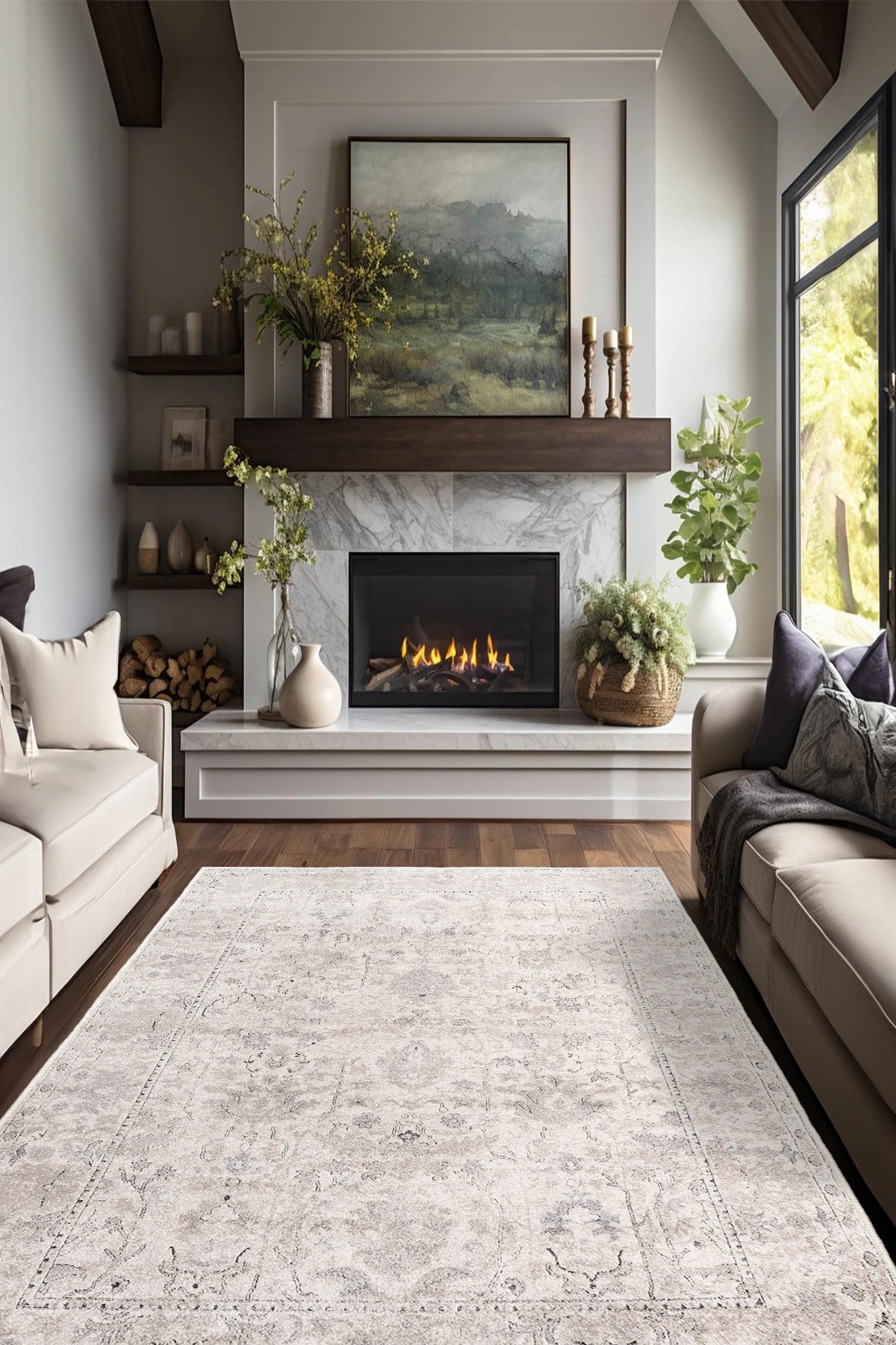 Modern Otantik Krem Desenli Halı – Kaymaz Taban, Süngerli Yüzey, Makinede Yıkanabilir