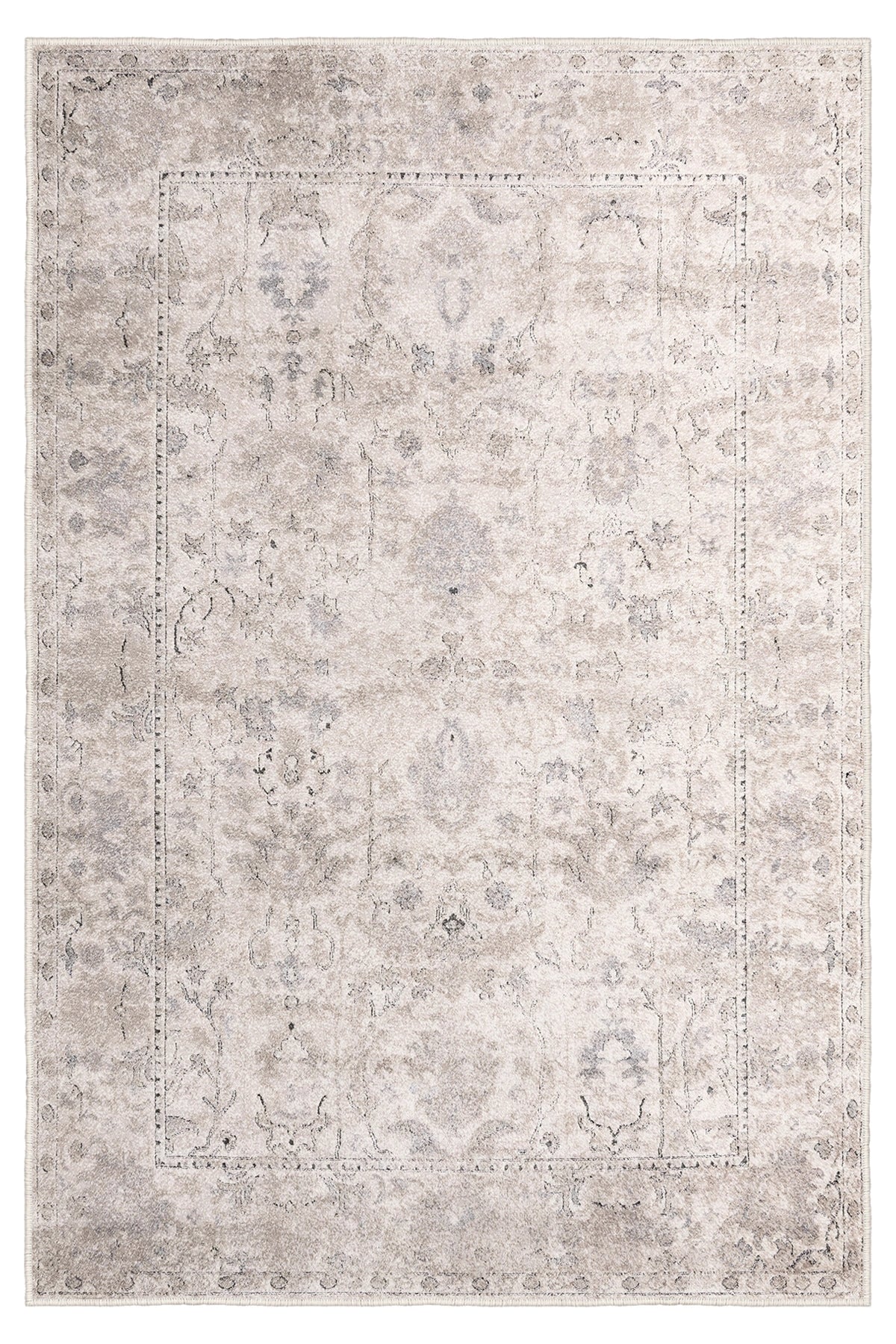 Modern Otantik Krem Desenli Halı – Kaymaz Taban, Süngerli Yüzey, Makinede Yıkanabilir