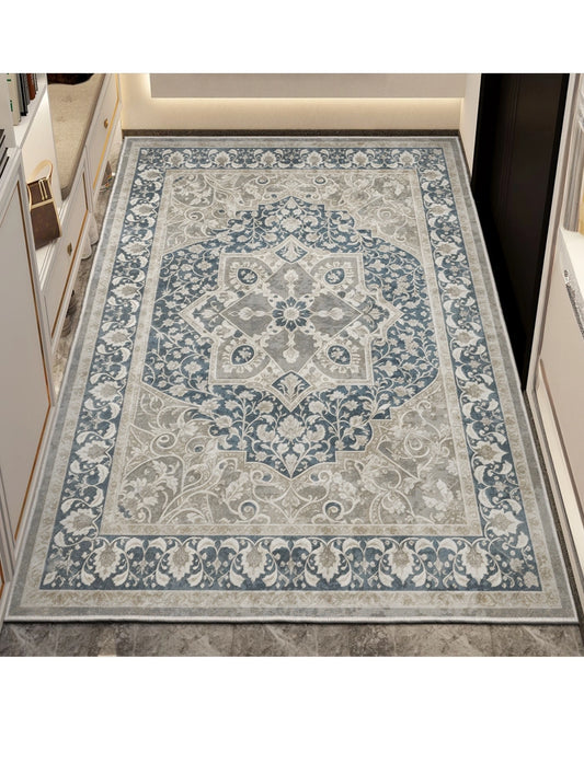 Modern Otantik Siyah-Krem Desenli Halı – Kaymaz Taban, Süngerli Yüzey, Makinede Yıkanabilir (EMR3-FR10)