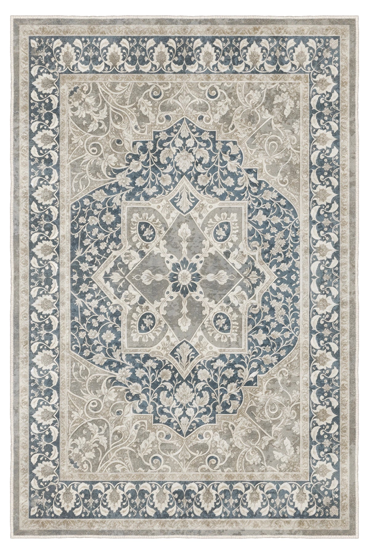 Modern Otantik Siyah-Krem Desenli Halı – Kaymaz Taban, Süngerli Yüzey, Makinede Yıkanabilir (EMR3-FR10)