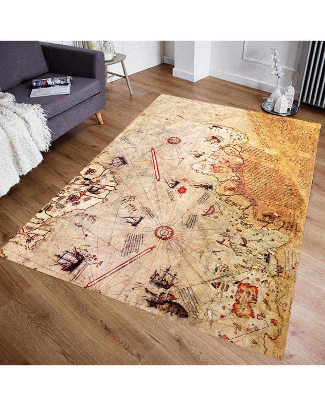 Gerçek Piri Reis Haritası Şeklinde Halı – Yıkanabilir, Süngerli Yüzey, Dijital Baskı