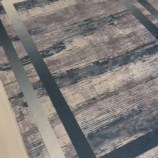 Modern Gri Zemin Mavi Dikdörtgen Desenli Halı – Kaymaz Taban, Süngerli Yüzey, Makinede Yıkanabilir4