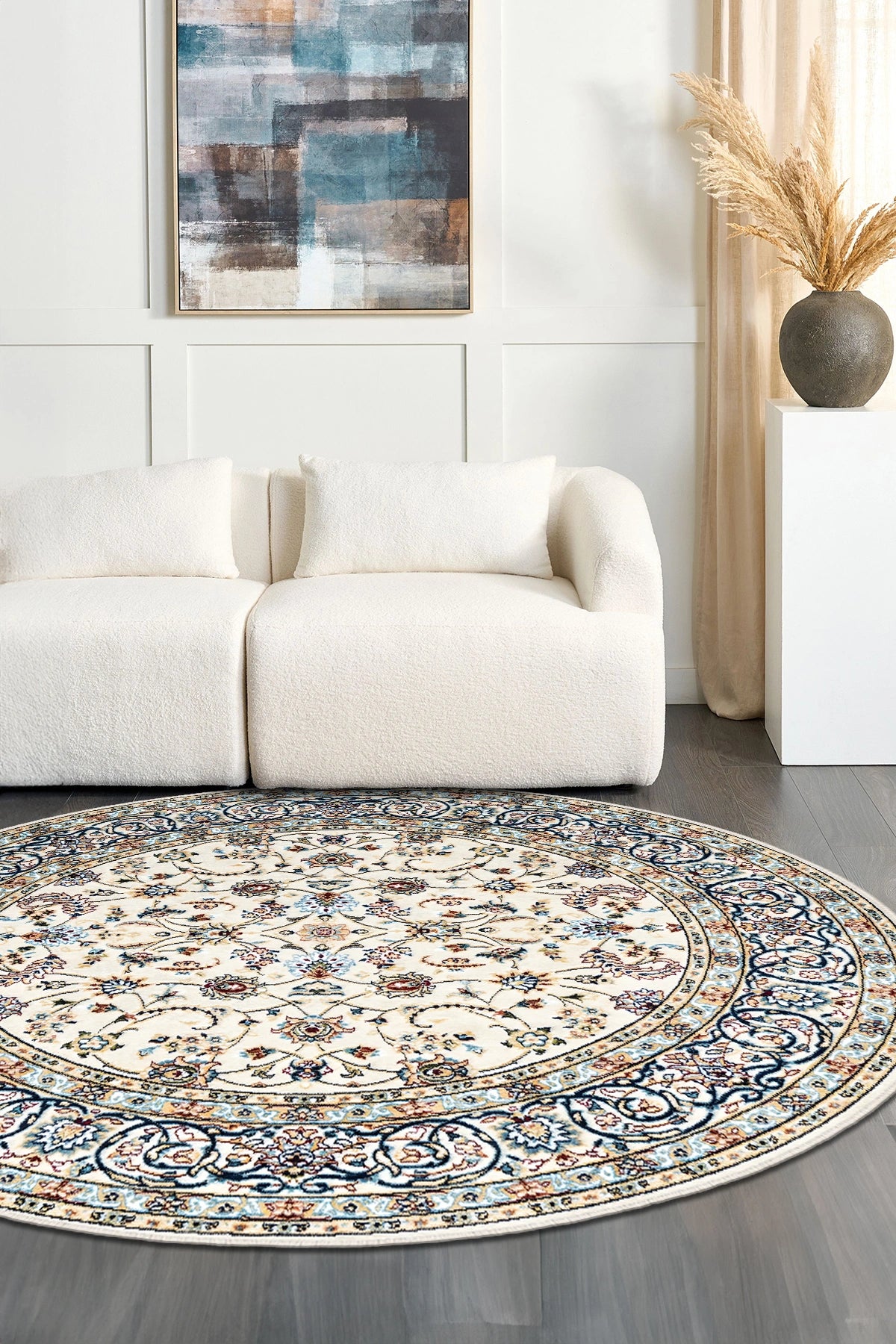 Modern Otantik Renkli Motif Yuvarlak Halı – Kaymaz Taban, Süngerli Yüzey, Makinede Yıkanabilir ( EMR5-FR22 )