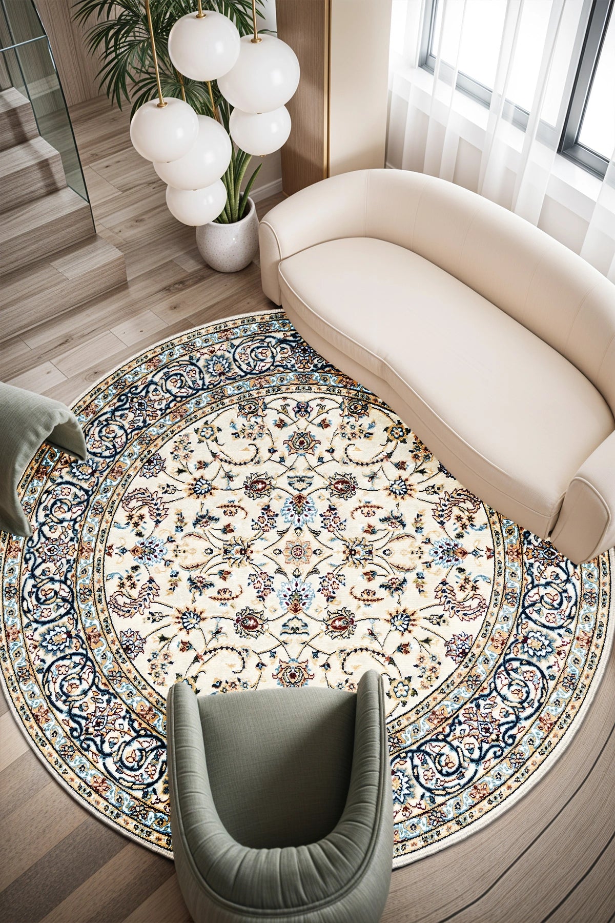 Modern Otantik Renkli Motif Yuvarlak Halı – Kaymaz Taban, Süngerli Yüzey, Makinede Yıkanabilir ( EMR5-FR22 )