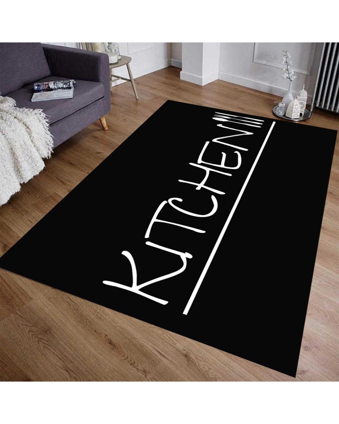 Siyah Zemin Kitchen Yazılı Mutfak ve Oda Halısı – Deri Taban, Yıkanabilir, Süngerli Yüzey