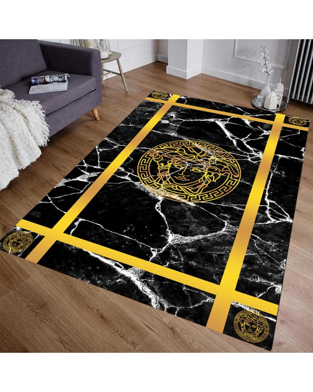 Turuncu Şeritli Medusa Motifli Versace Halı – Deri Tabanlı, Yıkanabilir, Süngerli Yüzey